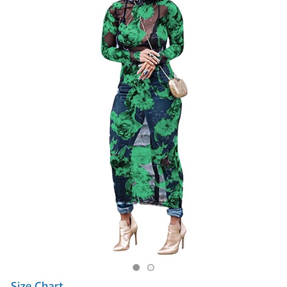 Mesh Green and Black Floral Dress